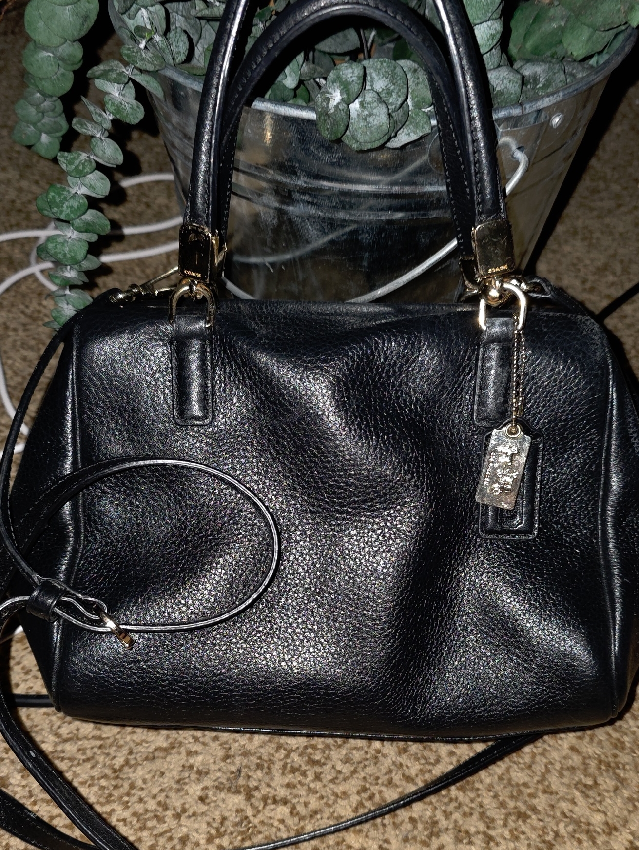 Coach Black Leather Satchel Handbag With Gold Hardware